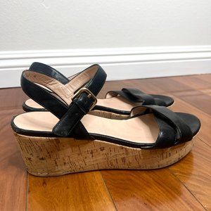 Stuart Weitzman Short Cork Wedges with Leather Straps and gold buckle, Size 10